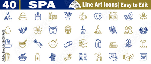 Set of forty different spa vector line art icons, easy to edit for spa and beauty designers' vector illustration. 