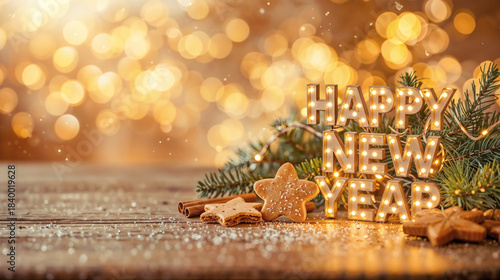 Happy New Year Light Sign with Pine Berries and Cozy Bokeh – Festive AI Generated New Year Stock Image.