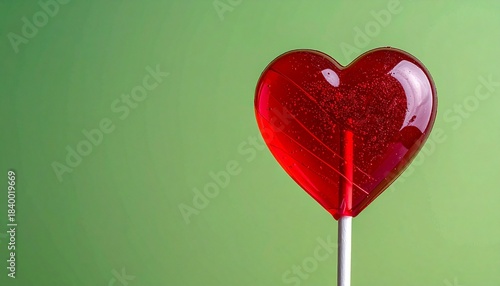 “A red heart-shaped lollipop on a white stick against a light green background.”