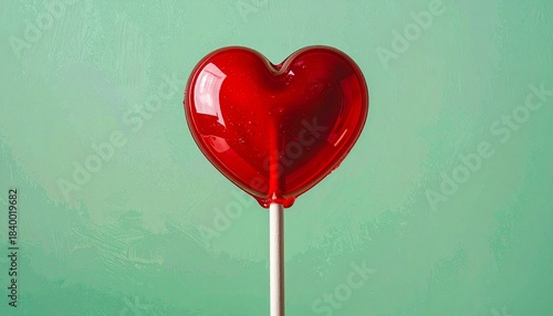 “A red heart-shaped lollipop on a white stick against a light green background.”
