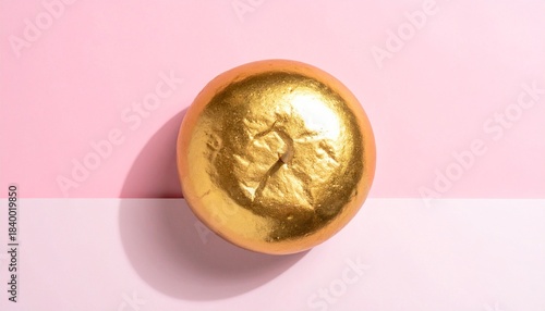 “A hamburger with a metallic gold bun, cheese, and ketchup on white surface against pink background.”