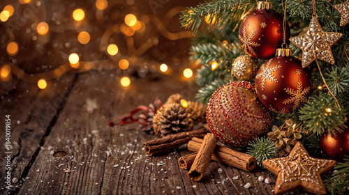 AI-Generated Cozy Rustic Christmas Ornaments Scene – Luxurious Red Gold Baubles Pine Branches Cinnamon Sticks and Gingerbread Stars on Snowy Wooden Table with Warm Fairy Lights – Perfect Hygge Holiday