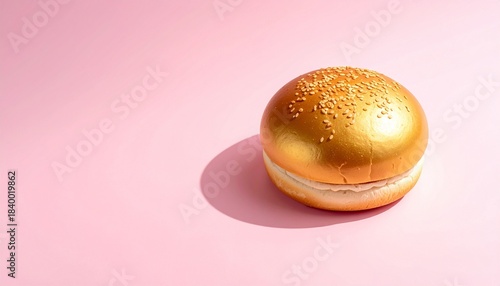“A hamburger with a metallic gold bun, cheese, and ketchup on white surface against pink background.”