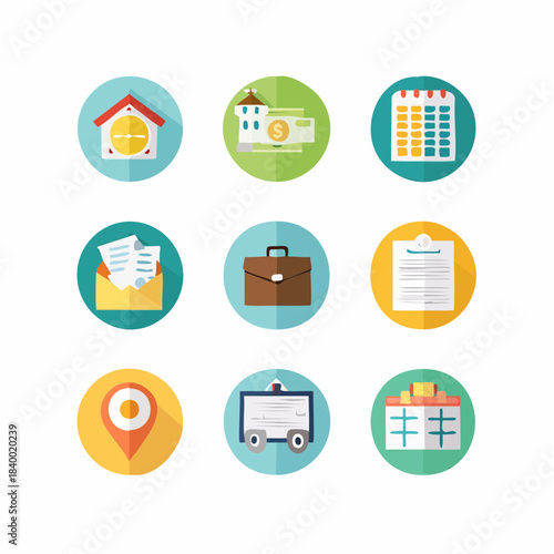 Modern flat design icons for business, finance, and office management, perfect for digital interfaces, web applications, and corporate communication projects