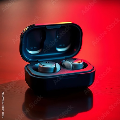 Wireless earbuds resting in their charging case, symbolizing audio and connectivity on the go,  device, earbuds