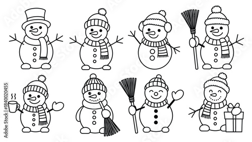 Winter Snowman Character Set in Clean Line Art Style Featuring Festive Holiday Figures Wearing Hats, Scarves, and Accessories in Outline Illustration