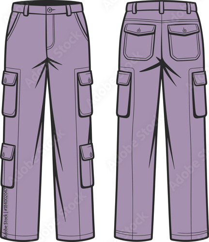 Cad drawing flat vector, multi-pocket cargo pants sketch, fashion design template, garment construction outline, clothing mockup, editable illustration, front and back view, flap pockets