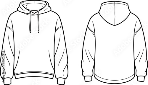 Cad drawing flat vector, hoodie technical sketch, fashion design template, garment construction outline, clothing mockup, editable illustration, front and back view, drawstring hood