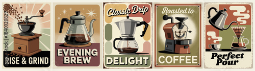 Vintage vector set of coffee posters featuring grinder, drip pot, moka pot, roaster, and pour over in bold retro colors and stylized typography.