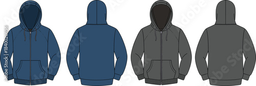 Cad drawing flat vector, hooded sweatshirt technical sketch, fashion design template, garment construction outline, clothing mockup, editable illustration, front and back view, zipper hoodie