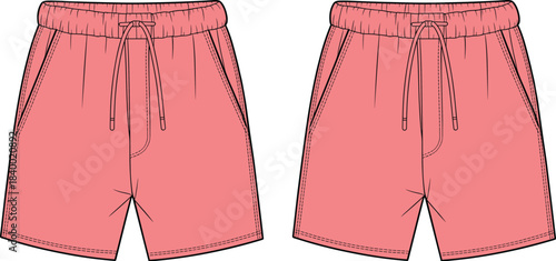 Cad drawing flat vector, pink drawstring shorts sketch, fashion design template, garment construction outline, clothing mockup, editable illustration, front view, casual summer style