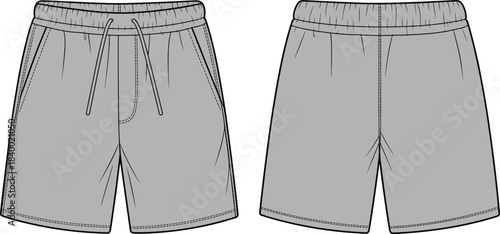 Cad drawing flat vector, men’s elastic waistband shorts sketch, fashion design template, garment construction outline, clothing mockup, editable illustration, front and back view