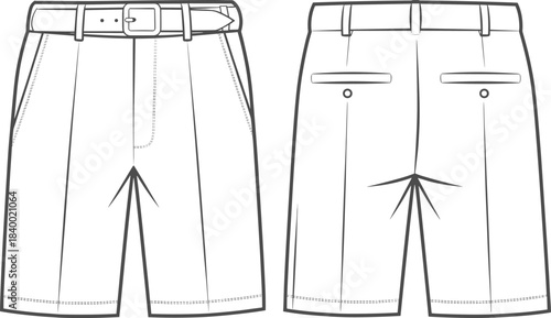 Cad drawing flat vector, men’s tailored shorts sketch, fashion design template, garment construction outline, clothing mockup, editable illustration, front and back view, belt detail