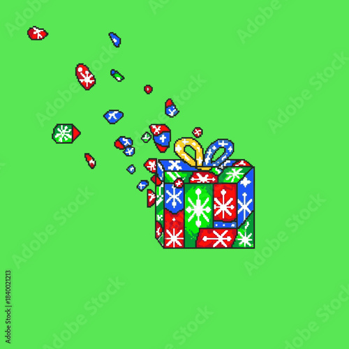 A colorful gift box with snowflake patterns breaking apart and exploding into pieces on a vibrant green background.