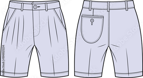 Cad drawing flat vector, pleated shorts technical sketch, fashion design template, garment construction outline, clothing mockup, editable illustration, front and back view, belt loops