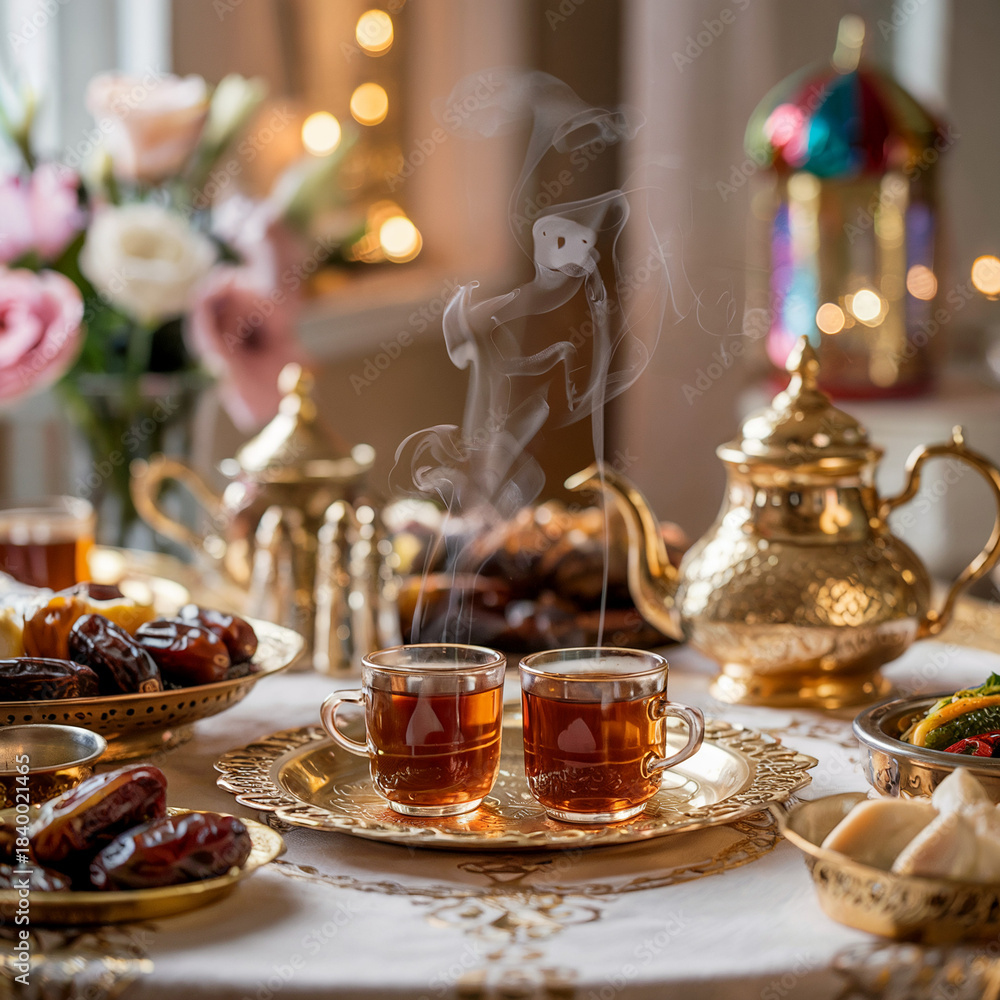 Fototapeta premium Arabic tea, Dates and cookies