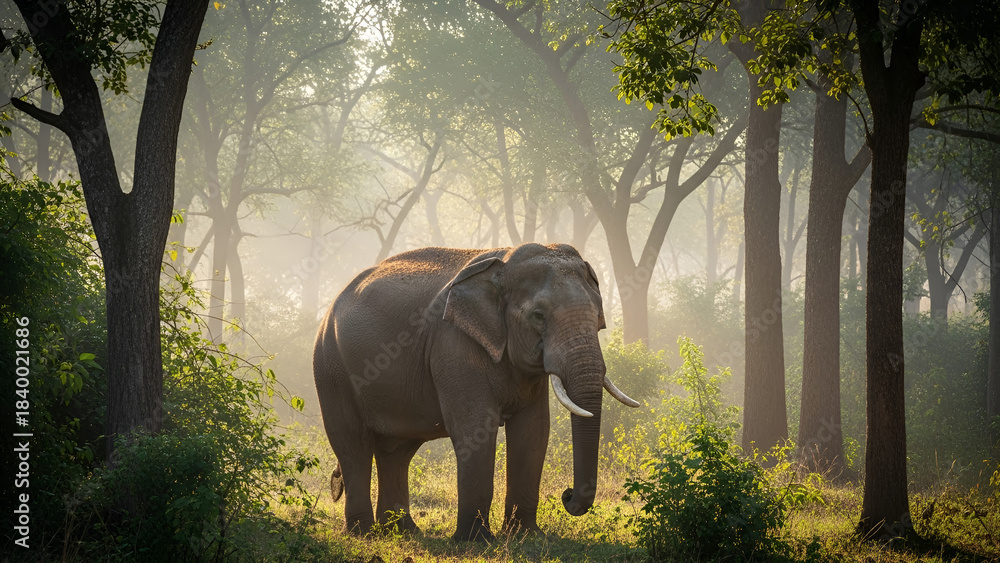 Fototapeta premium An elephant stands calmly in a misty forest as sunlight streams through the trees, creating a dramatic and peaceful natural atmosphere.