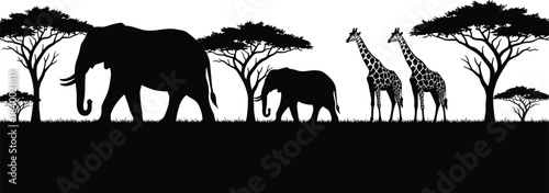 PrintAfrican wildlife silhouette, elephants and giraffes, savanna scene, acacia trees, nature illustration, black figures, white background, walking animals, natural habitat
