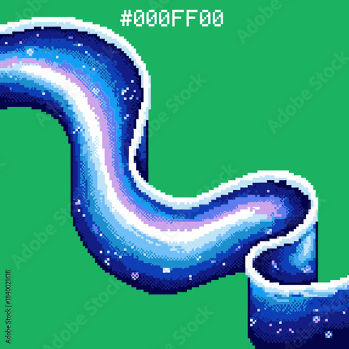 A pixel art illustration of a winding, ribbon-like cosmic path with stars and a blue-purple gradient, set against a vibrant green background.