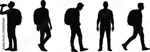 Backpack silhouettes, black vector, hiking poses, drinking, walking, casual stance, white background, travel gesture, outdoor motion, readiness