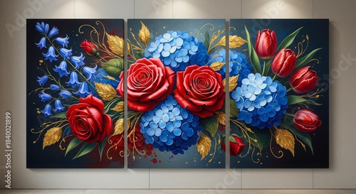 Three-panel floral wall art featuring red rose, blue hydrangea and tulip composition with gold accents