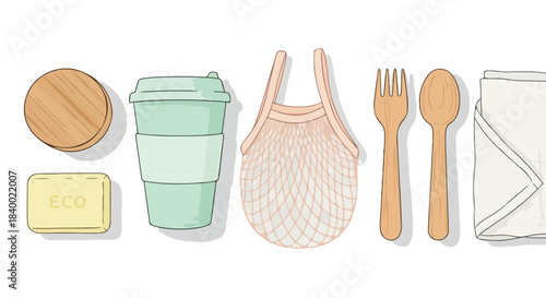 Eco-friendly reusable items for a sustainable lifestyle including a coffee cup, cutlery, and cloth napkin