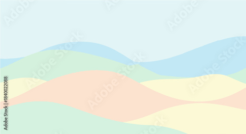 Minimalist abstract landscape illustration showcasing gentle rolling forms in soothing pastel hues, creating a tranquil, harmonious and serene natural design background
