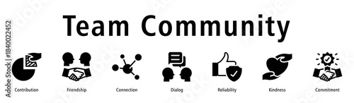 Team community icon vector concept featuring collaboration, support, communication, kindness, reliability, and group harmony.