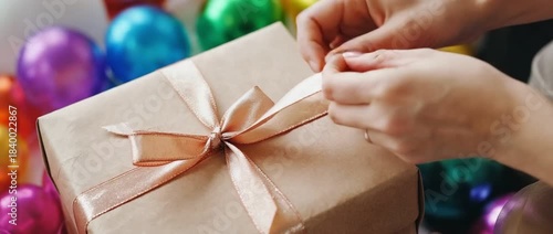 Gift Wrapping: Capturing a person's hands delicately tying a ribbon around a wrapped present, a moment of anticipation and the thoughtfulness behind the gesture.