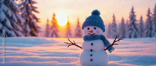 Winter's Embrace: A whimsical snowman, adorned with a cozy hat and scarf, stands serenely in a snow-covered landscape, a symbol of winter's charm against a backdrop of frosted trees and a warm sunset.