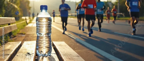 Hydration and Marathon:  A bottle of water rests on a bench, a reminder of the vital role hydration plays as runners compete in a marathon, symbolizing endurance and perseverance.