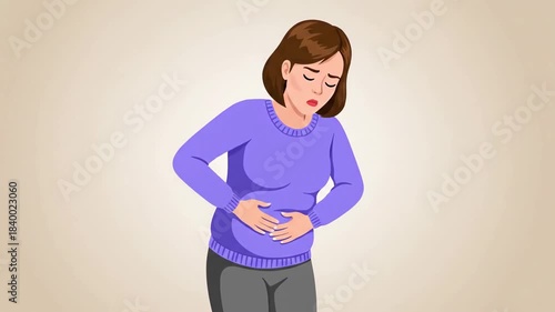 Woman Experiencing Stomach Pain Or Discomfort Depicted In A Series Of Animated Frames