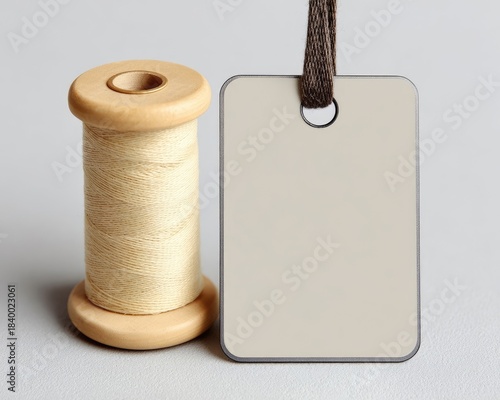 Blank Beige Tag And Wooden Thread Reel On Grey Background
