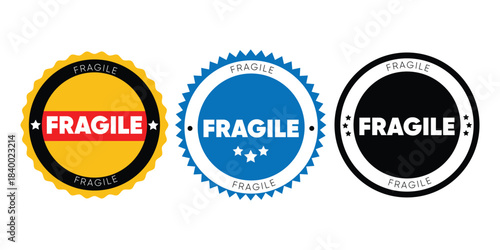 Set of Round Fragile Warning Labels and Stickers - Vector Shipping Badges with Jagged Edges in Yellow, Blue, and Black for Packaging and Logistics Design