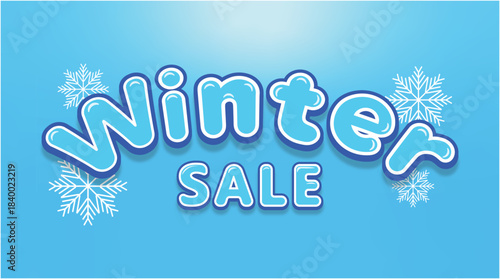 Blue winter sale text label with white snowflakes and glossy bubble typography
