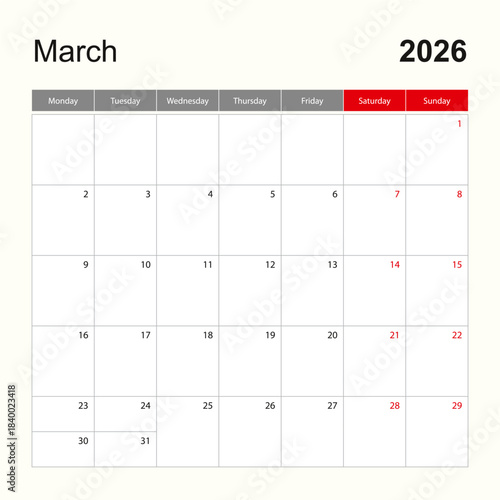 Wall calendar template for March 2026. Holiday and event planner, week starts on Monday.