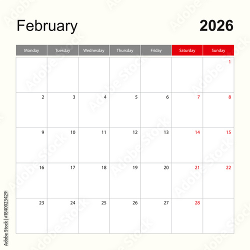 Wall calendar template for February 2026. Holiday and event planner, week starts on Monday.