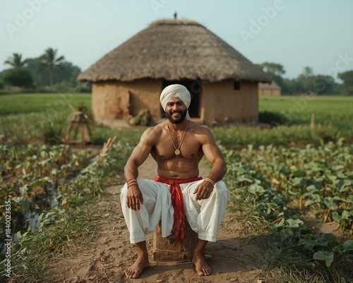 A muscular man wears traditional clothing while squatting near a rural hut. He enjoys the serene morning view of green fields. The atmosphere is peaceful and vibrant