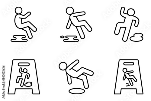 slippery wet floor icon set. warning caution wet floor. cleaning in progress sign. vector illustration on white background