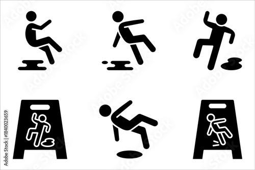 slippery wet floor icon set. warning caution wet floor. cleaning in progress sign. vector illustration on white background