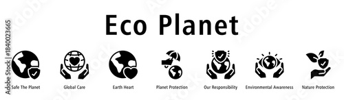 Eco Planet web banner icon vector illustration with icons of Safe the Planet, Global Care, Earth Heart, Planet Protection, Environmental Awareness, Our Responsibility, and Nature Protection.