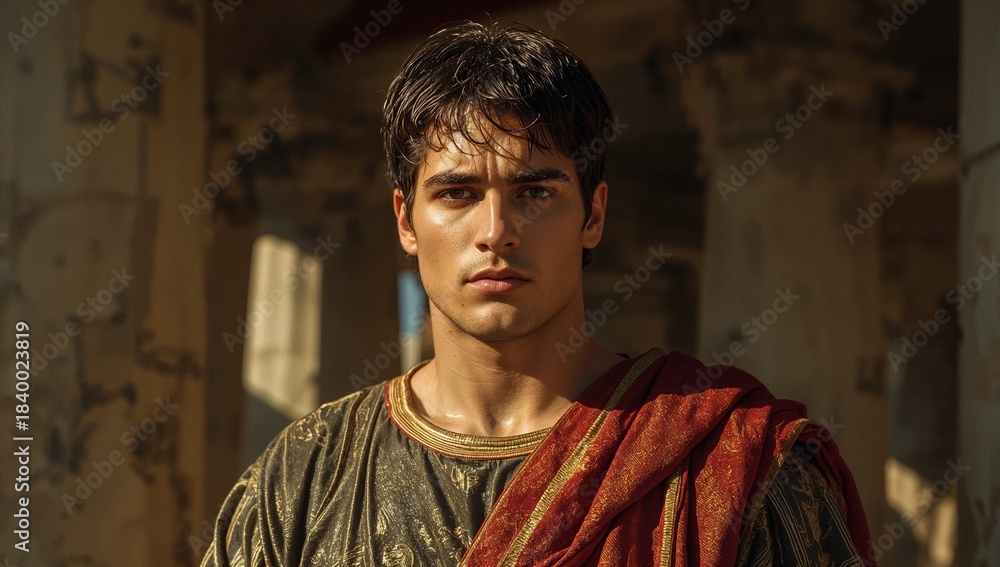 Naklejka premium A young man wearing a detailed Roman tunic and a red draped garment stands in an ancient stone structure under bright sunlight. The background features weathered columns