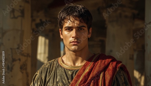 A young man wearing a detailed Roman tunic and a red draped garment stands in an ancient stone structure under bright sunlight. The background features weathered columns
