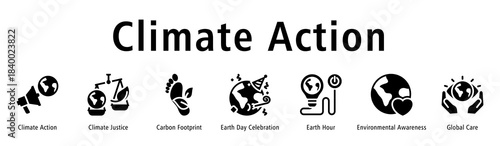 Climate Action web banner icon vector illustration with icons of Climate Action, Climate Justice, Carbon Footprint, Earth Day Celebration, Earth Hour, Environmental Awareness, and Global Care.