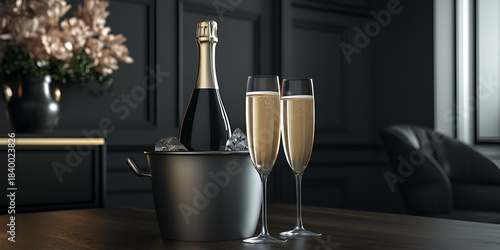 Elegant Champagne Bottle in Ice Bucket with Two Filled Glasses