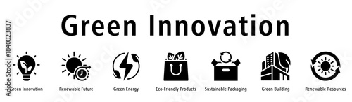 Green Innovation web banner icon vector illustration with icons of green innovation, renewable future, green energy, eco-friendly products, sustainable packaging and green building