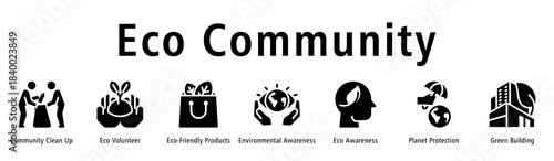 Eco Community web banner icon vector illustration with icons of Community Clean Up, Eco Volunteer, Eco-Friendly Products, Environmental Awareness, Eco Awareness, Planet Protection, and Green Building