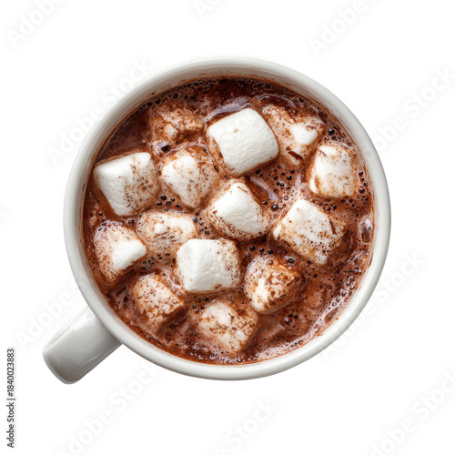 Delicious hot chocolate with fluffy marshmallows in a white mug isolated on transparent background