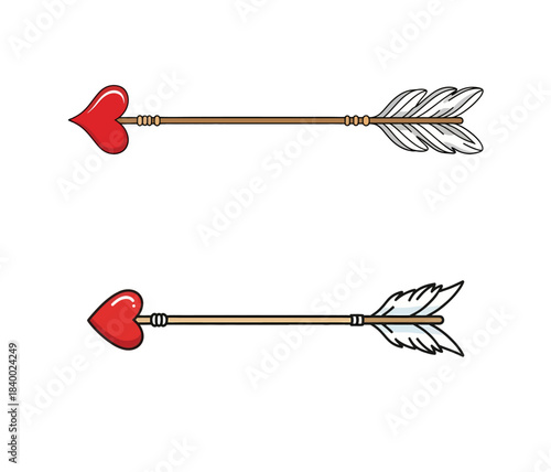 A romantic vector illustration featuring two hand-drawn cupid's arrows, complete with red heart tips and detailed feathered fletchings, isolated on a clean white background.