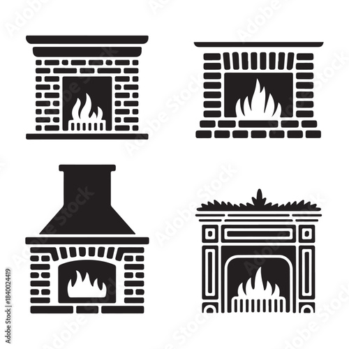 Brick fireplace glowing winter warm comfortable interior flame silhouette design